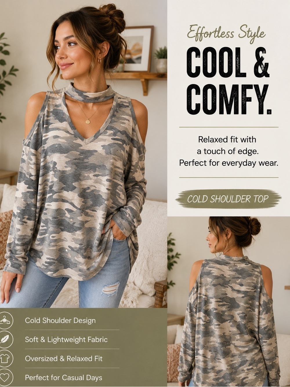 EVER HOTTIE V-Neck cold shoulder Camo Long Sleeve Top - SMALL-MEDIUM / OVERSIZED